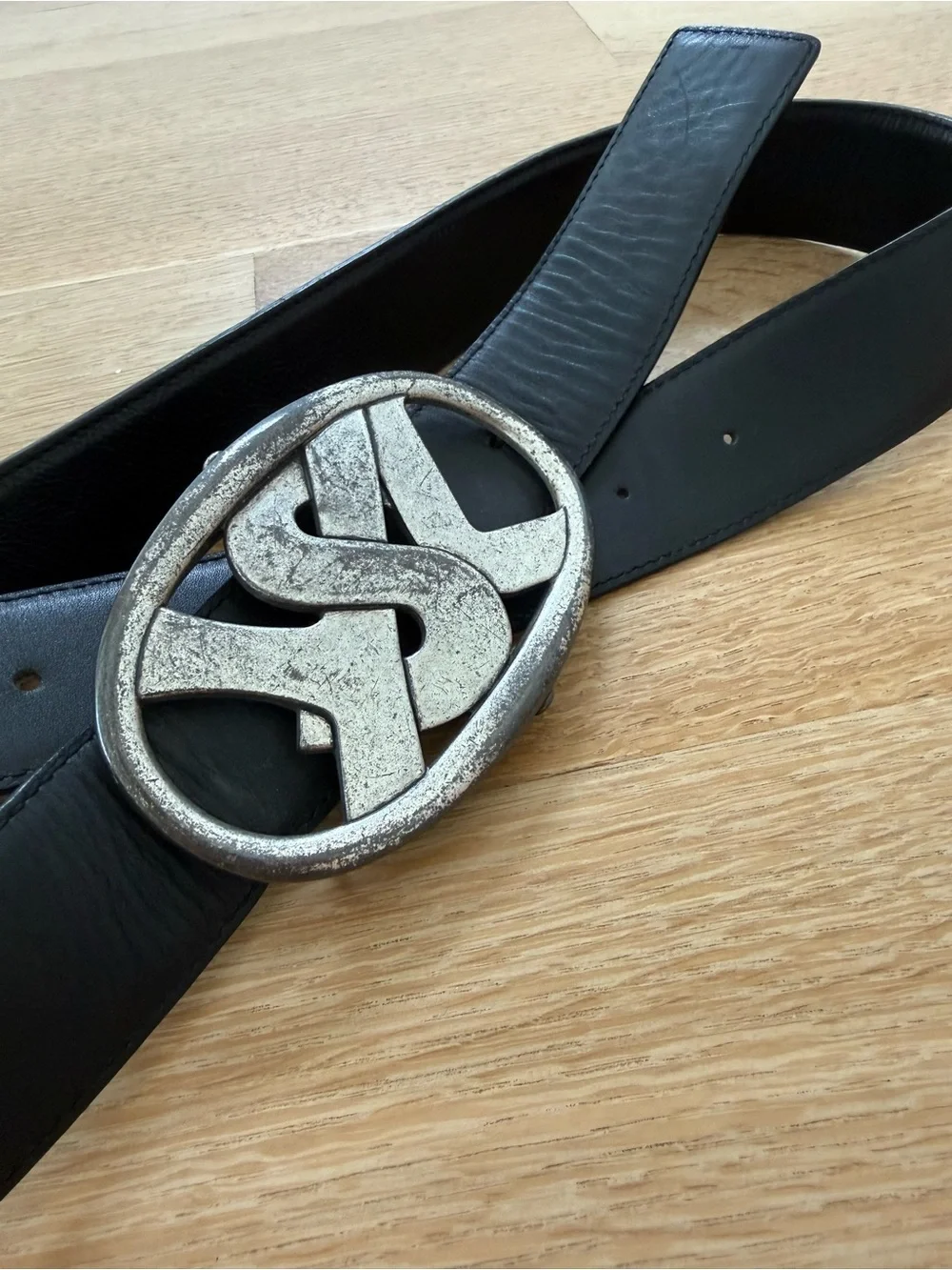 Authentic YSL Men's Vintage Black Leather Belt with Silver Logo Buckle
